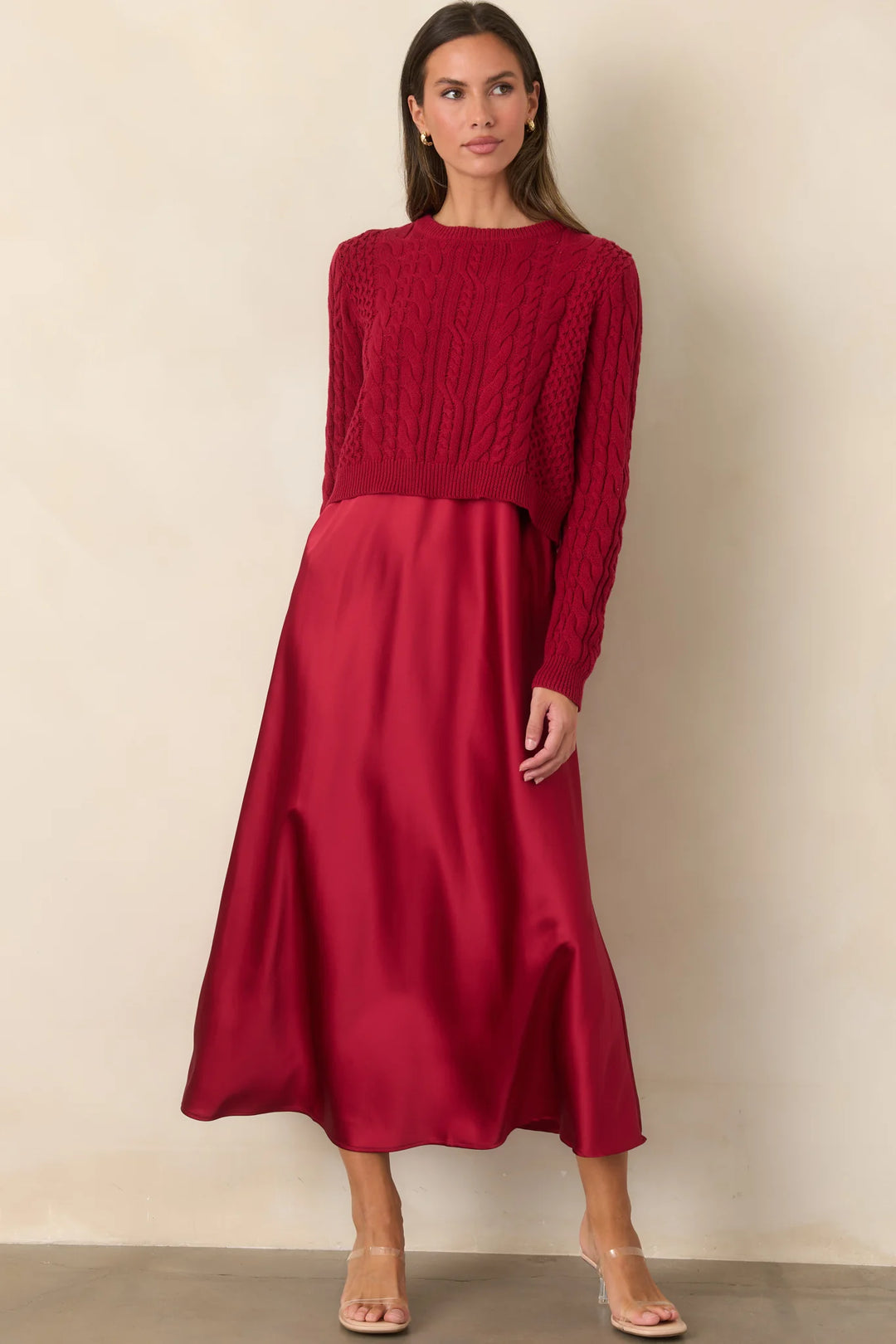 SATIN MIDI DRESS &amp; CABLE KNIT SWEATER SET