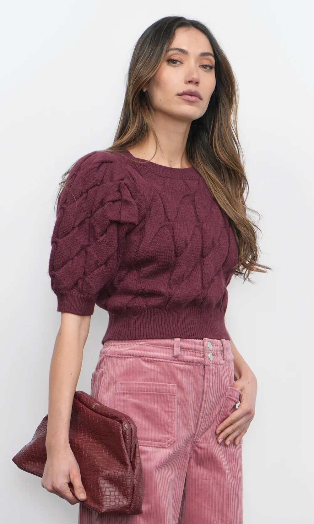 HALLIE CABLE KNIT PUFF SLEEVE SWEATER TOP