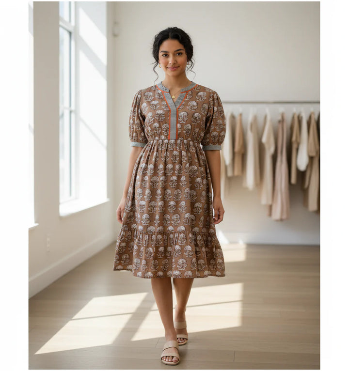 PUFF SLEEVE FLORAL DETAILED MIDI DRESS