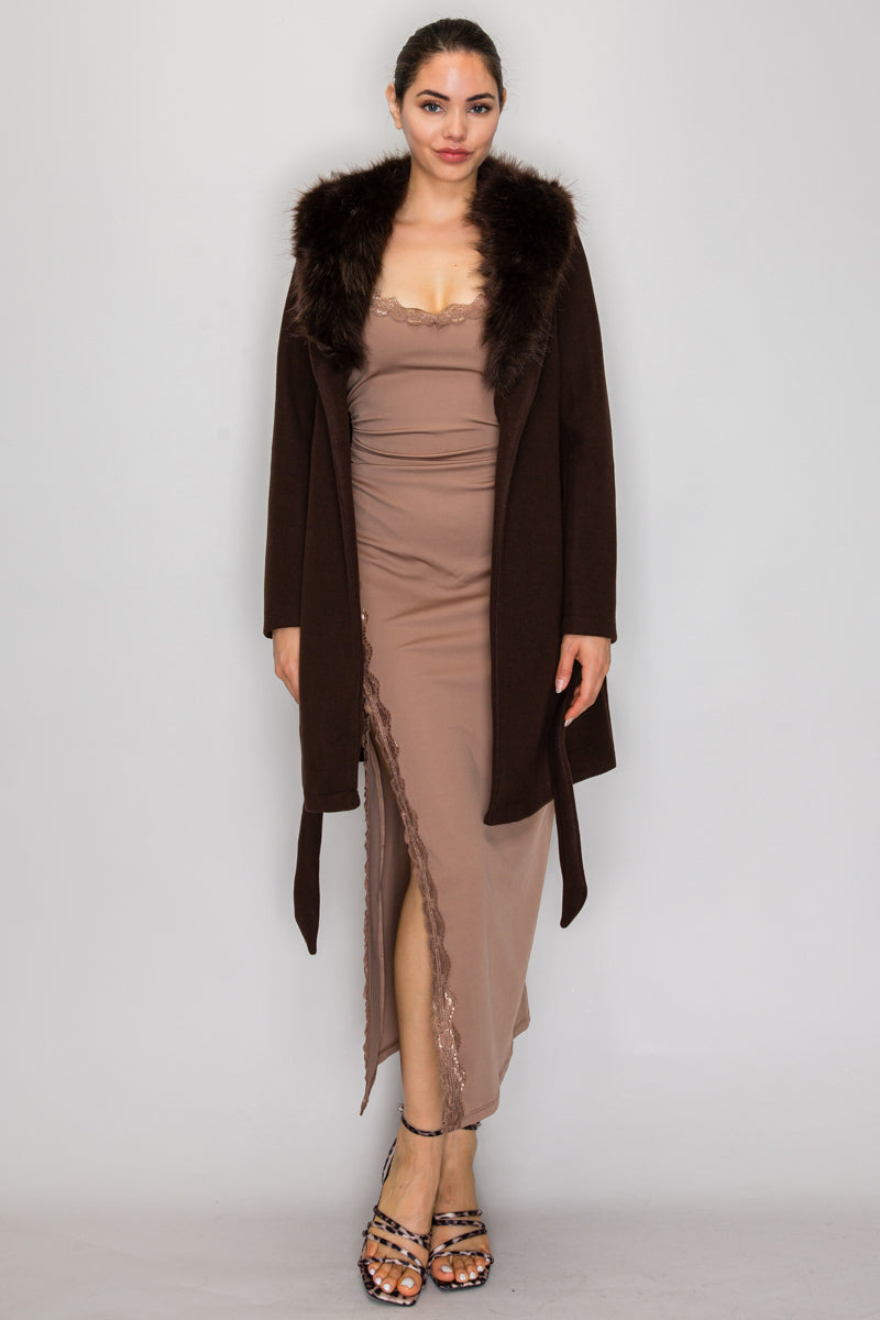 FAUX FUR SASH BELTED COAT