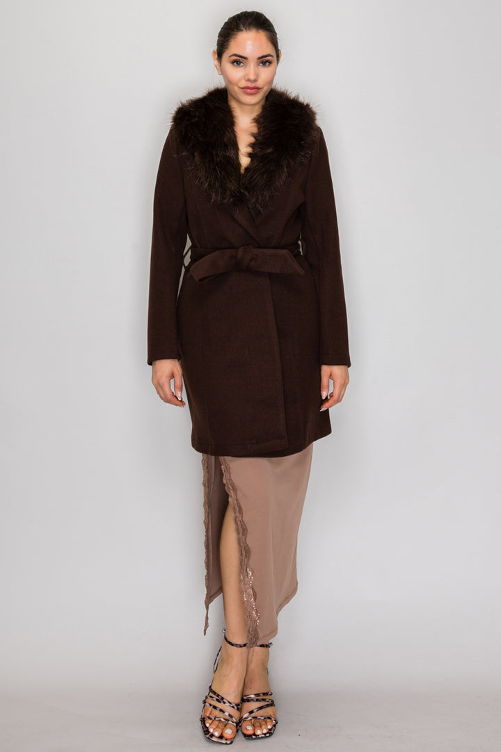 FAUX FUR SASH BELTED COAT