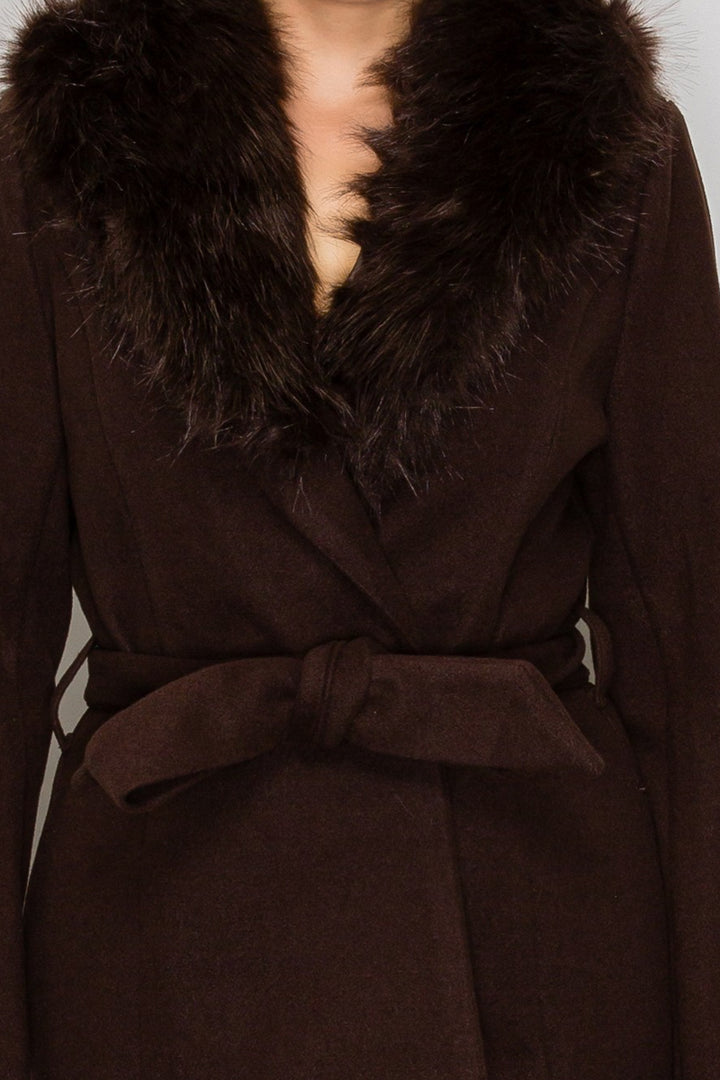 FAUX FUR SASH BELTED COAT