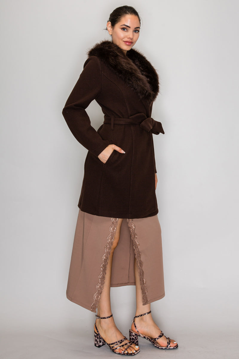 FAUX FUR SASH BELTED COAT