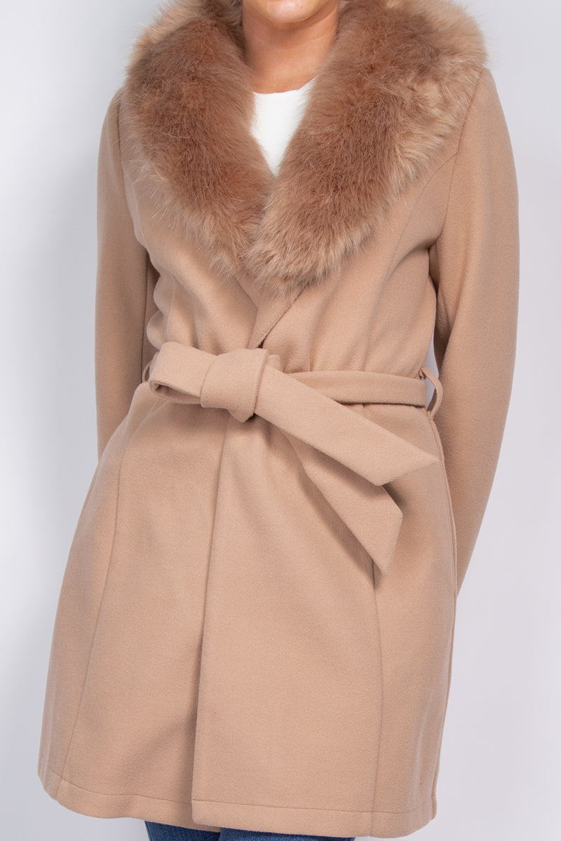 FAUX FUR SASH BELTED COAT