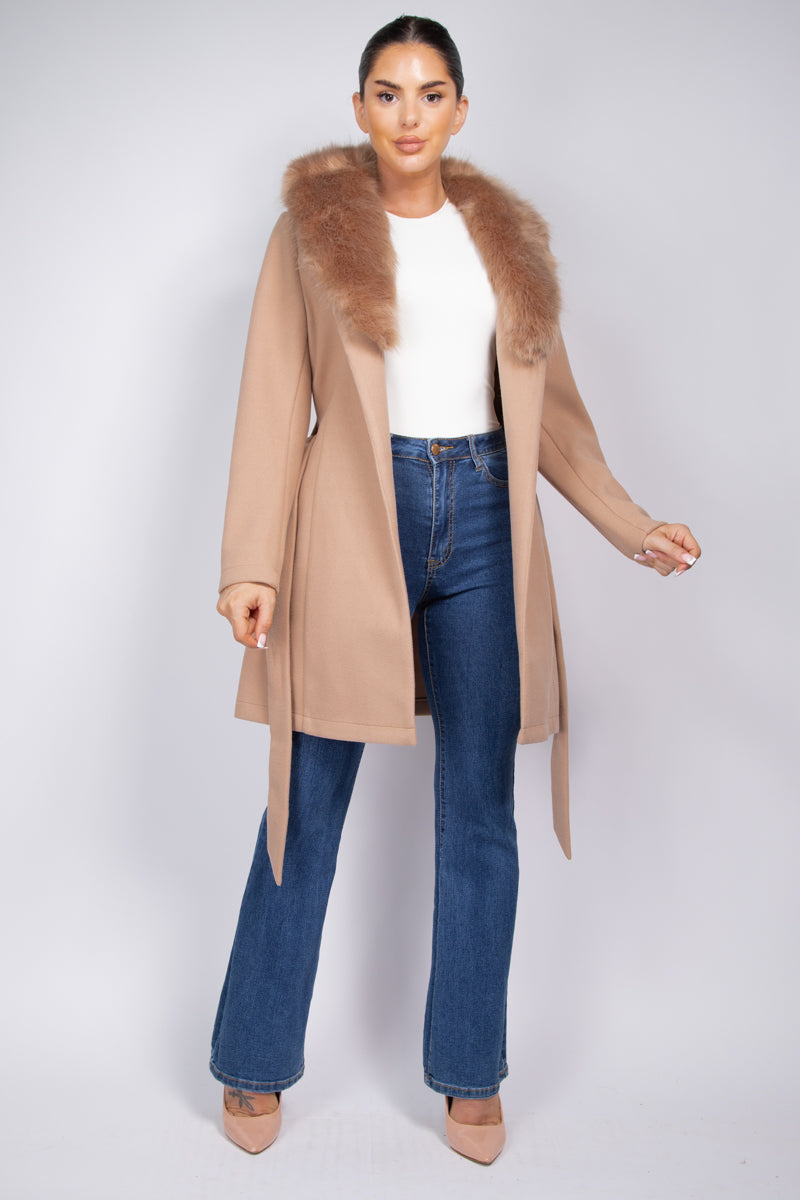 FAUX FUR SASH BELTED COAT