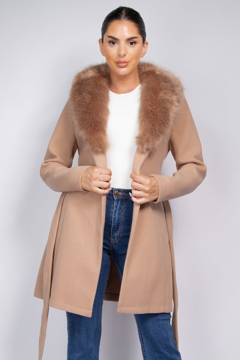 FAUX FUR SASH BELTED COAT