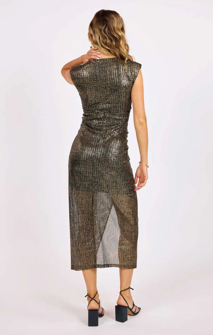 Ruched Sequin Midi Dress Dazzle Foil Printed Ruched Midi Dress Black Gold J / Medium / LH4307 Ruched Sequin Midi Dress Dazzle Foil Printed Ruched Midi Dress Black Gold J / Medium / LH4307