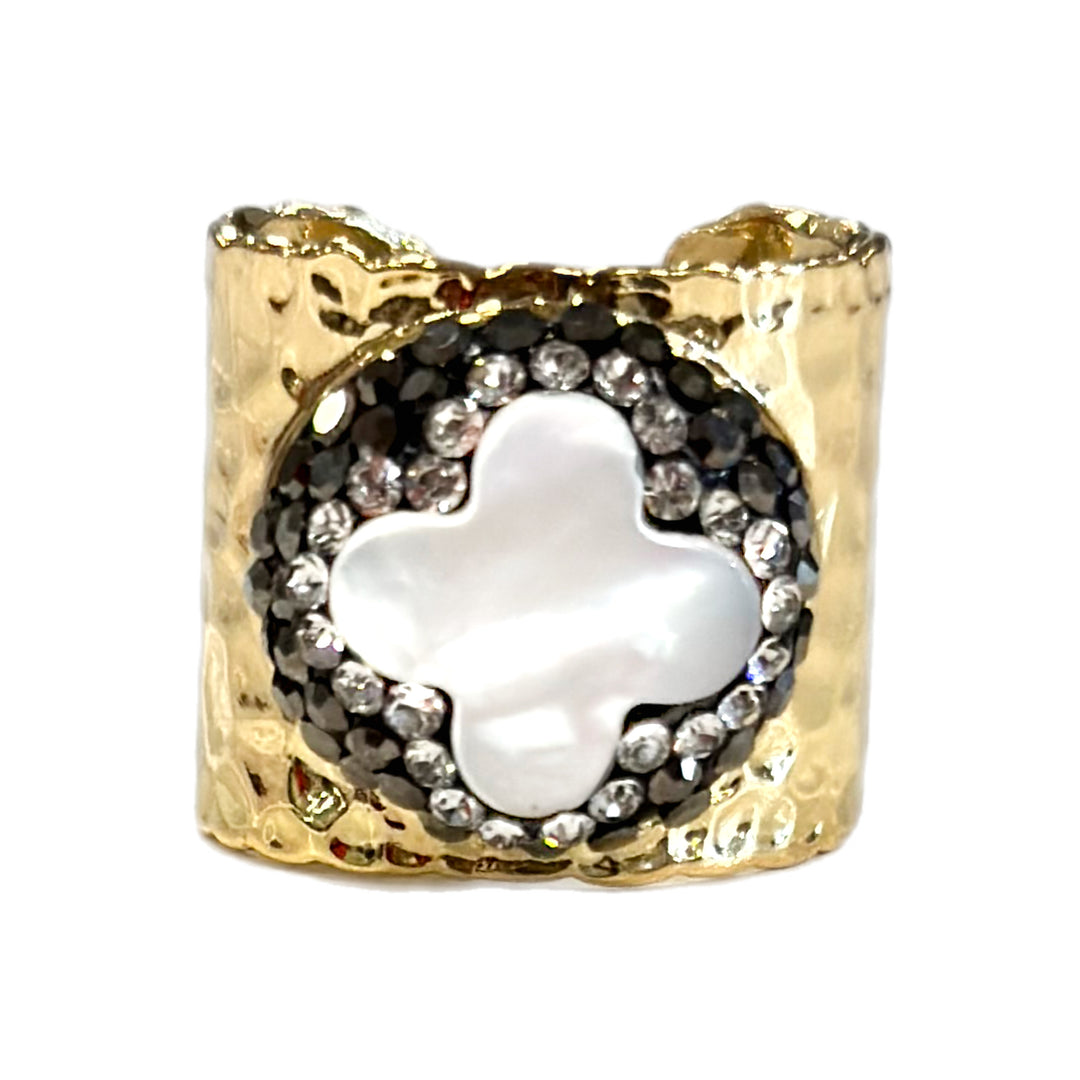 PAVE TRIMMED MOTHER OF PEARL QUATREFOIL CUFF RING