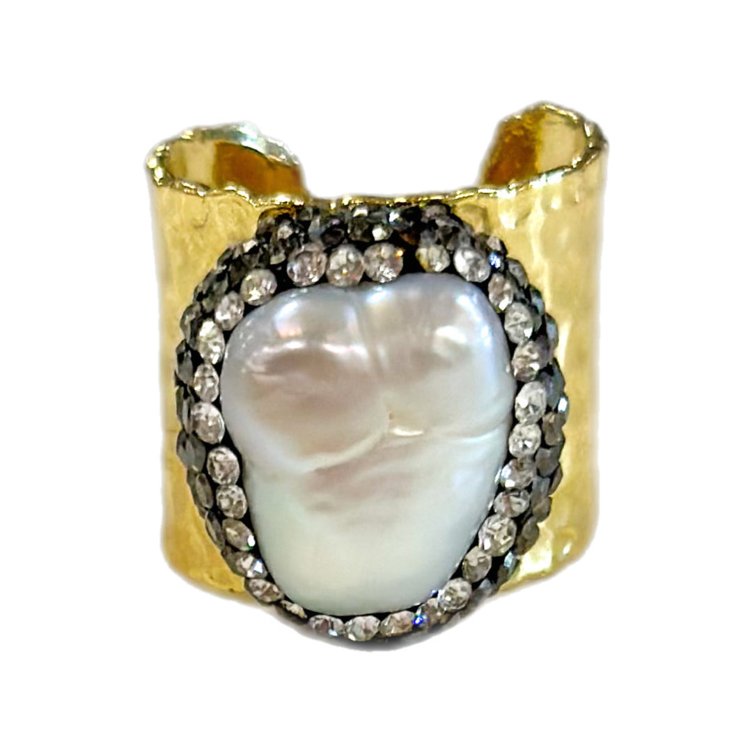 Pave Trimmed Mother Of Pearl Gold Cuff Ring
