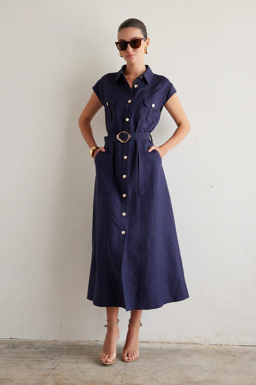 HELSA LONG LINEN BLEND DRESS - NAVY A / Extra Small HELSA LONG LINEN BLEND DRESS - NAVY A / Extra Small