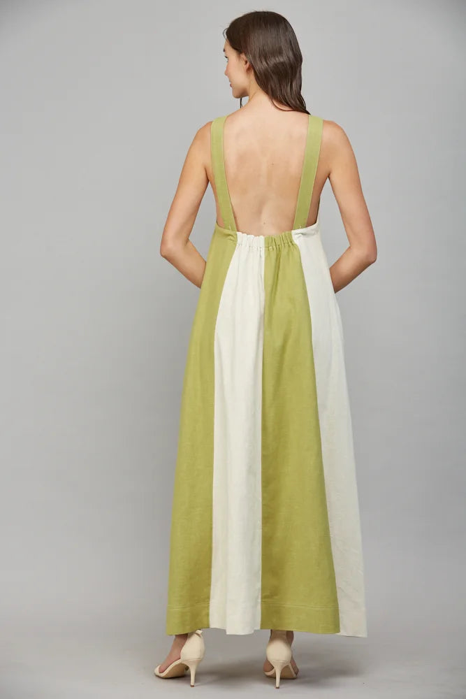 LINEN BLEND COLORBLOCK A-LINE HALTER DRESS