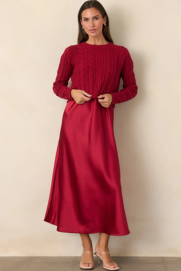 SATIN MIDI DRESS &amp; CABLE KNIT SWEATER SET