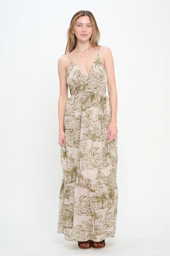 SANTORINI OLIVE SKETCH MAXI DRESS