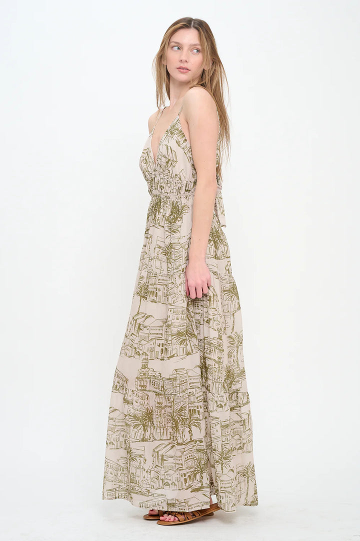 SANTORINI OLIVE SKETCH MAXI DRESS