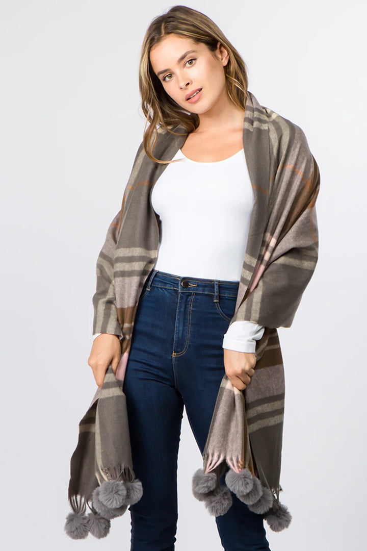 PLAID SCARF WITH FAUX FUR POM POM