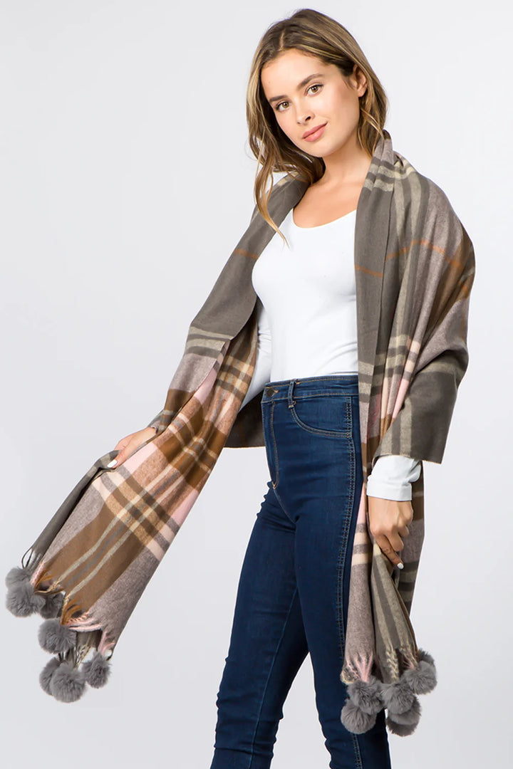 PLAID SCARF WITH FAUX FUR POM POM