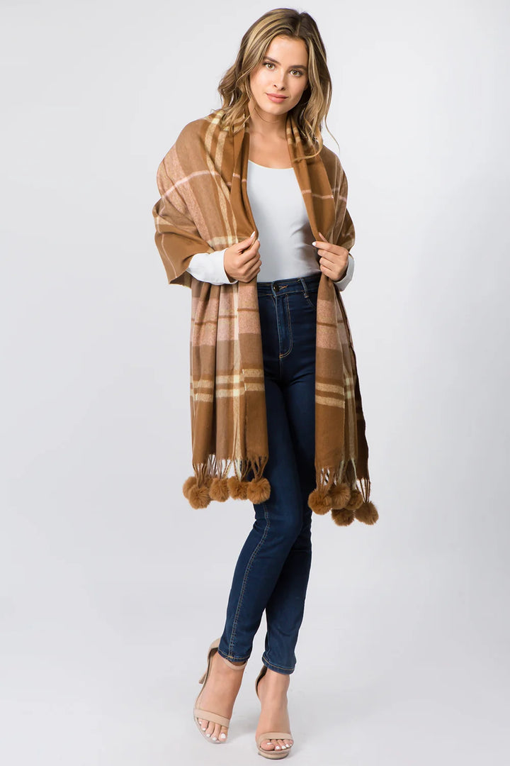 PLAID SCARF WITH FAUX FUR POM POM