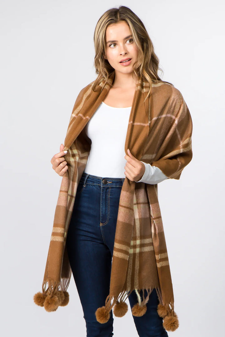 PLAID SCARF WITH FAUX FUR POM POM