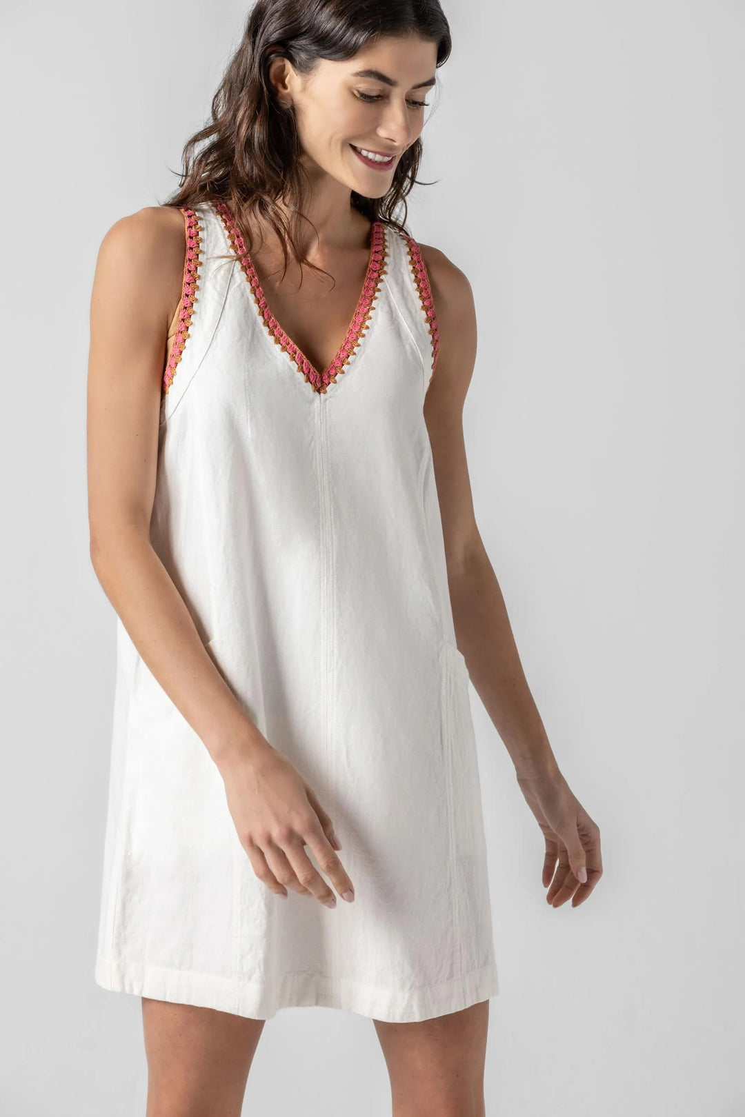 CROCHET TRIM V NECK DRESS