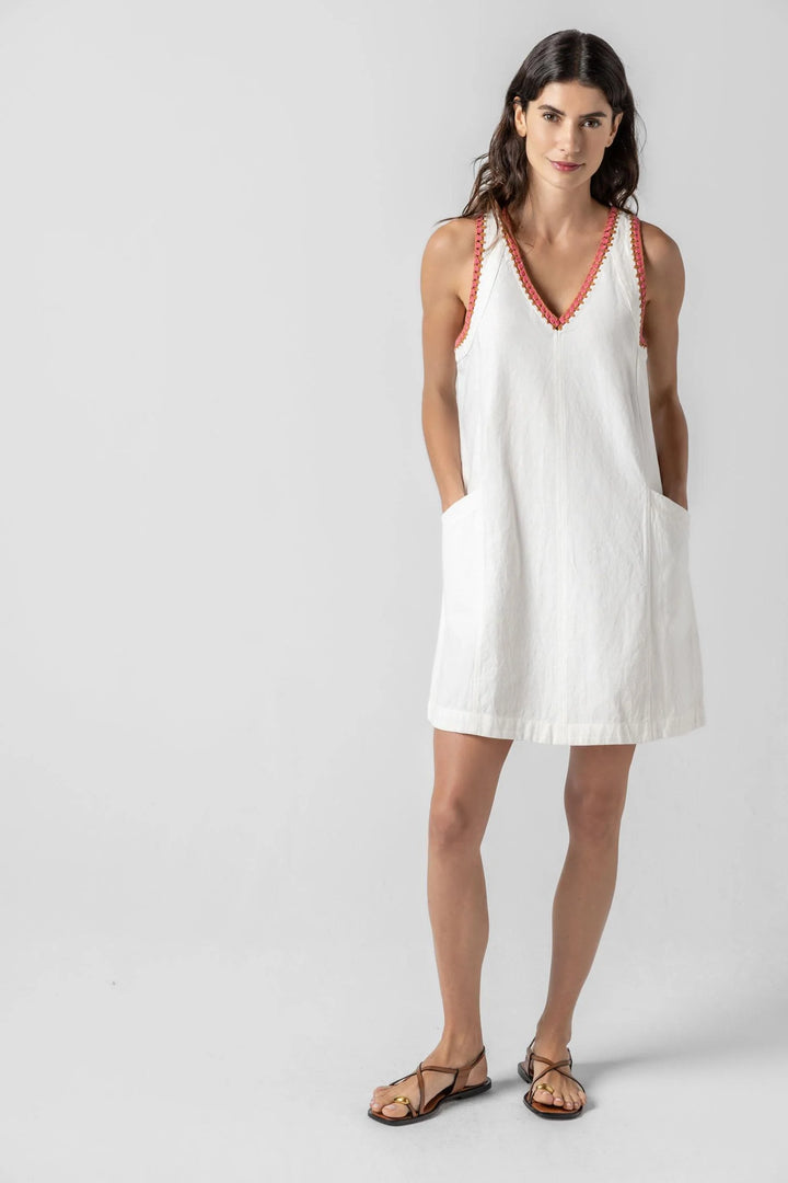CROCHET TRIM V NECK DRESS