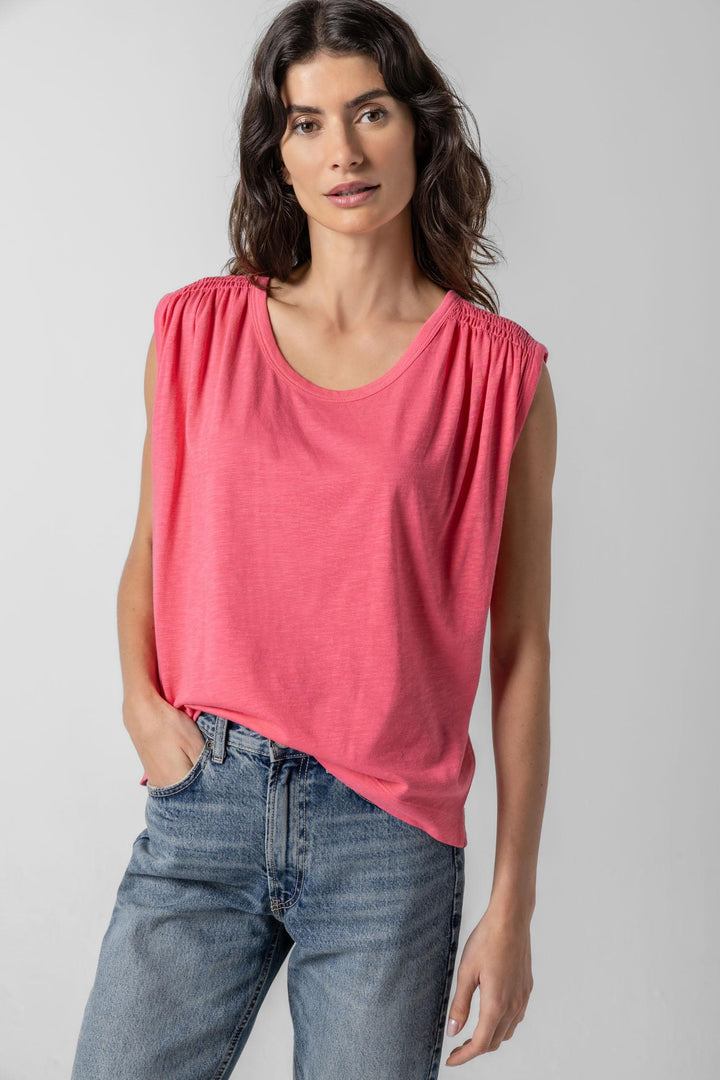 SHIRRED SHOULDER SCOOP NECK