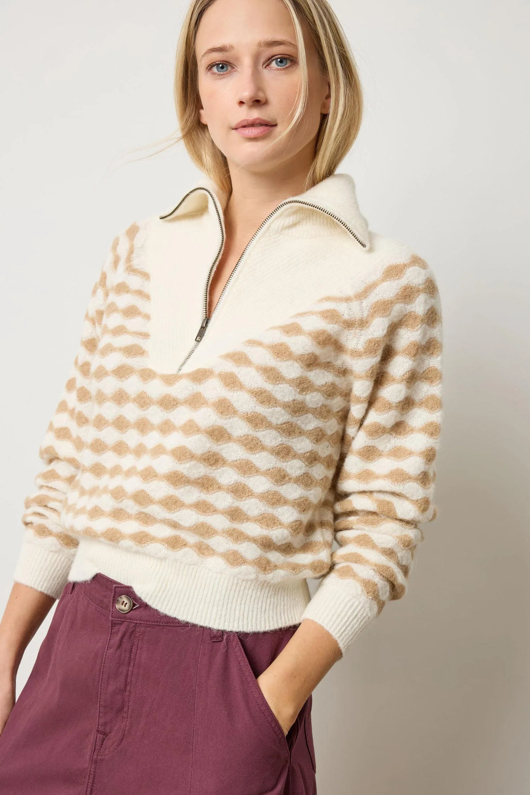 MIXED STITCH HALF ZIP SWEATER