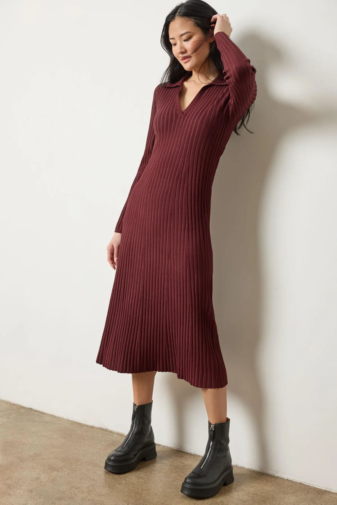 LONG SLEEVE RIB HENLEY DRESS - DARK CHERRY H / Extra Small LONG SLEEVE RIB HENLEY DRESS - DARK CHERRY H / Extra Small