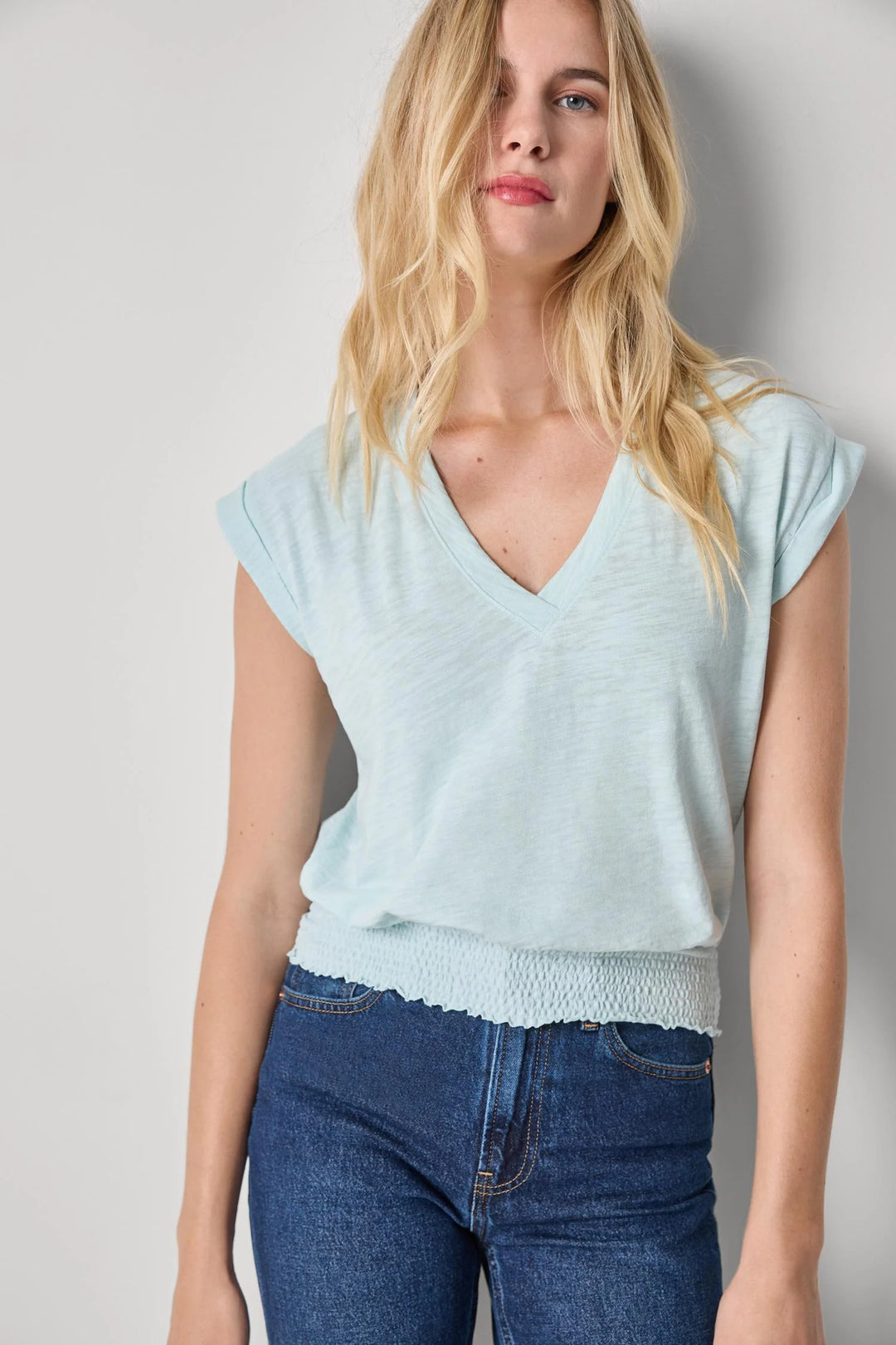SMOCKED HEM V-NECK