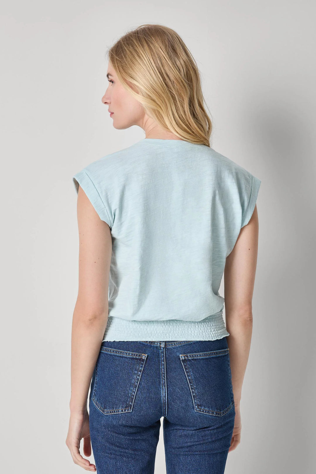 SMOCKED HEM V-NECK
