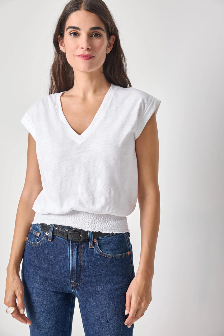 SMOCKED HEM V-NECK