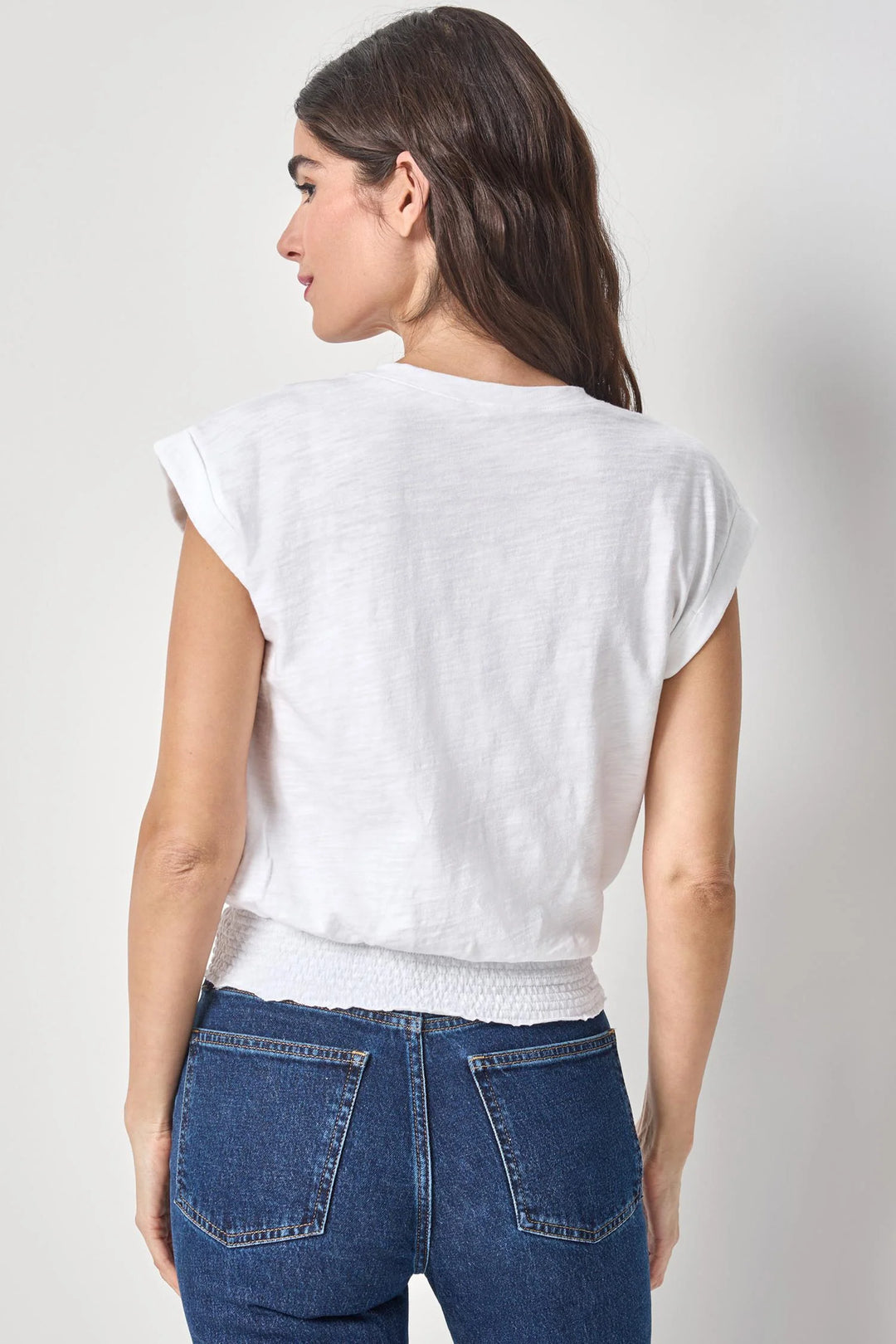 SMOCKED HEM V-NECK