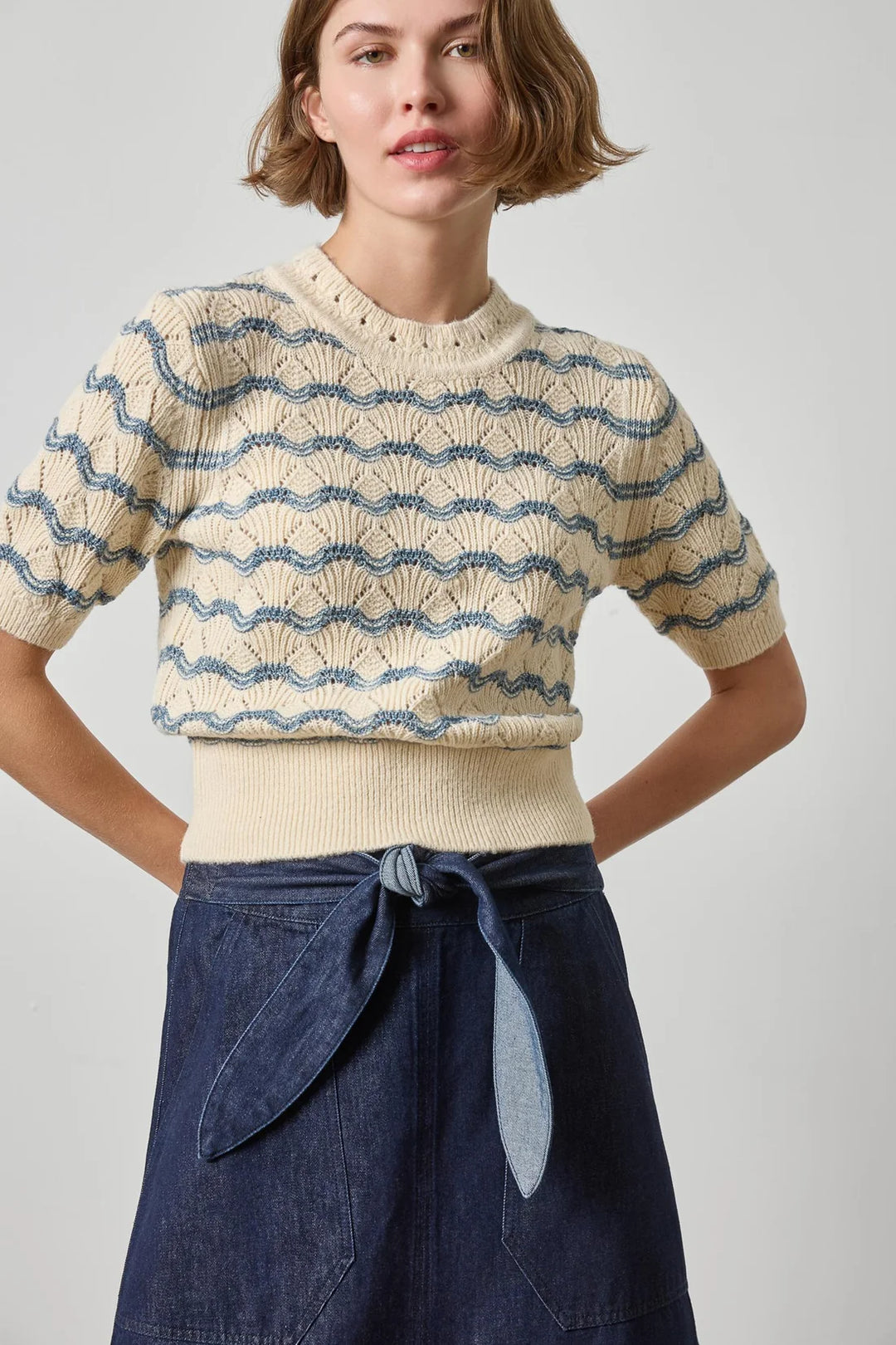 SHORT SLEEVE MULTI STITCH PULLOVER SWEATER