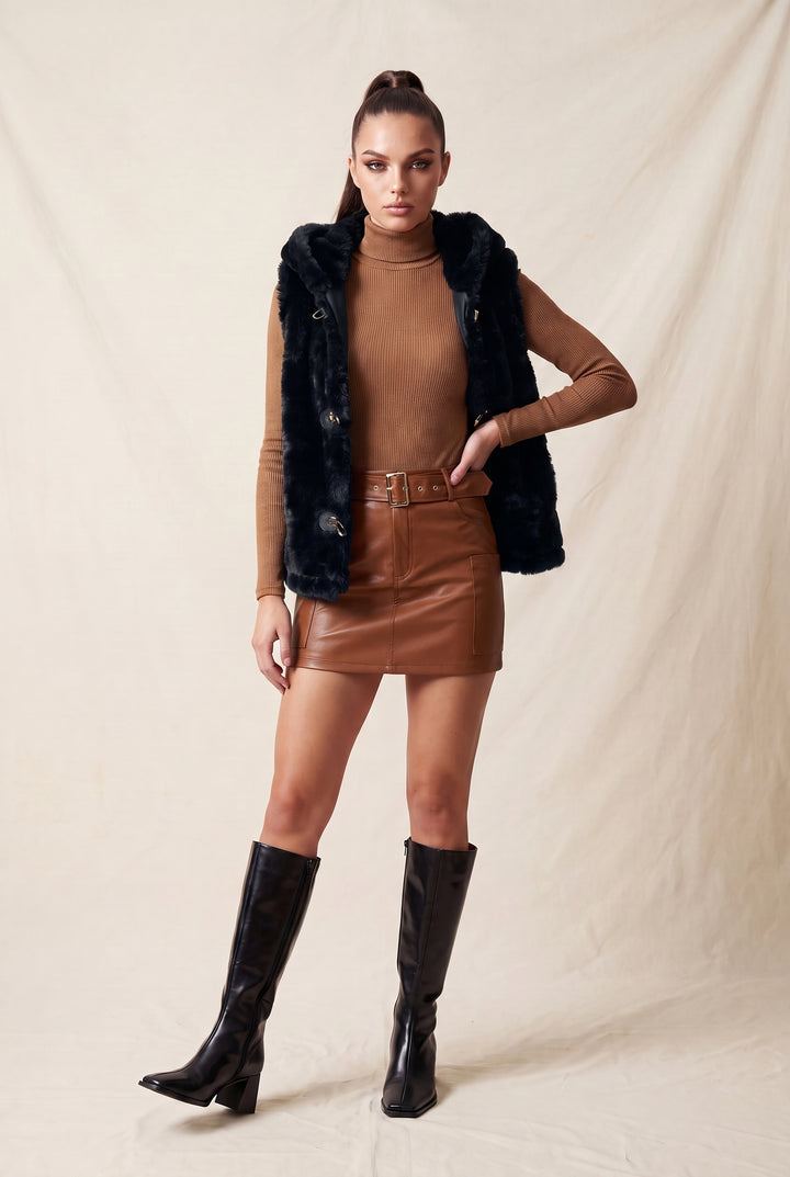 METALLIC TOGGLE-CLASP FAUX FUR HOODED VEST