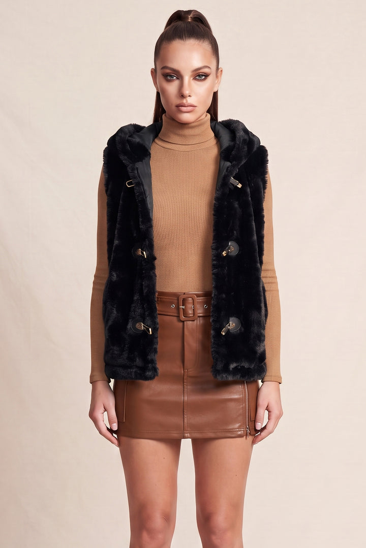 METALLIC TOGGLE-CLASP FAUX FUR HOODED VEST
