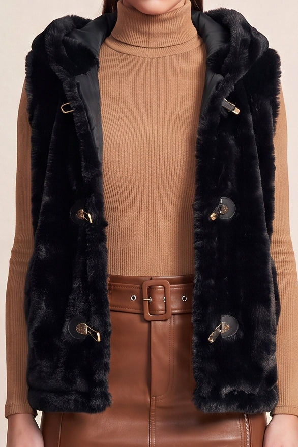 METALLIC TOGGLE-CLASP FAUX FUR HOODED VEST