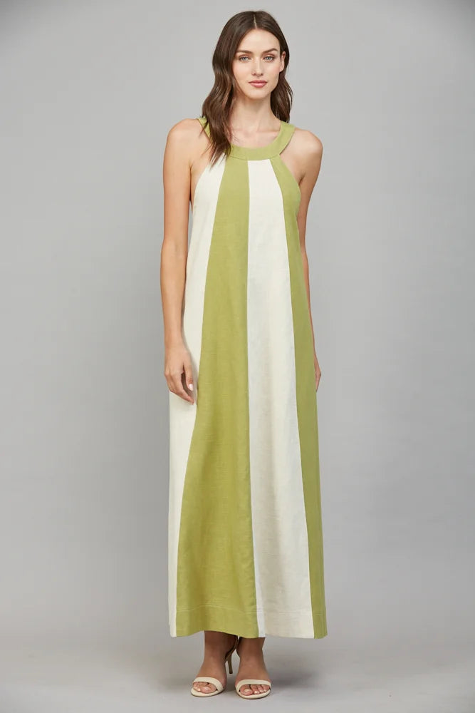 LINEN BLEND COLORBLOCK A-LINE HALTER DRESS