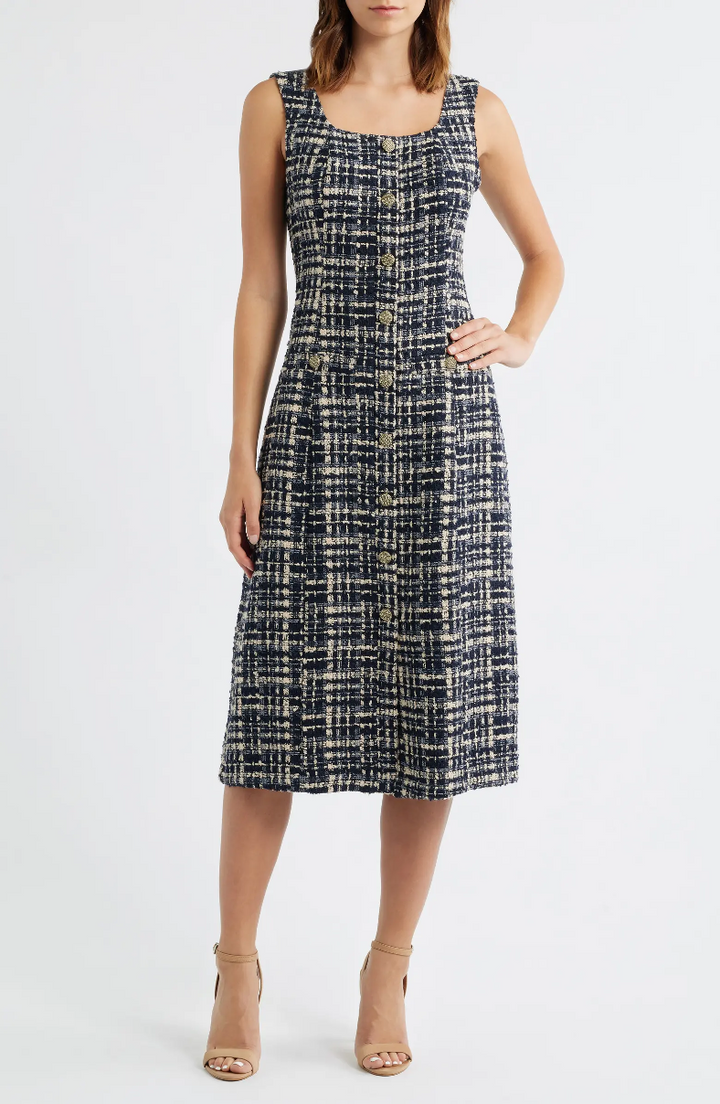 SLEEVELESS SQUARE NECK LINE TWEED MIDI DRESS