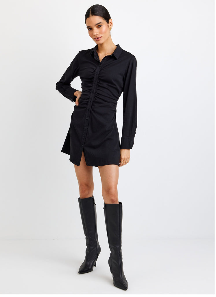 fitted lace wedding dress Long Sleeve Shirred Shirt Dress Black J / Small / B6762-J29-302