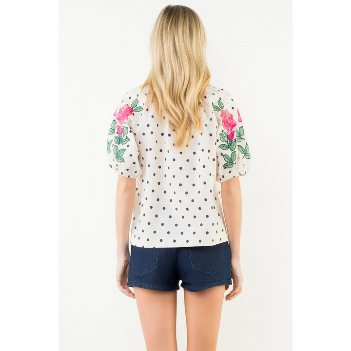 EMRBROIDERED PUFF SLEEVE POLKA DOT TOP