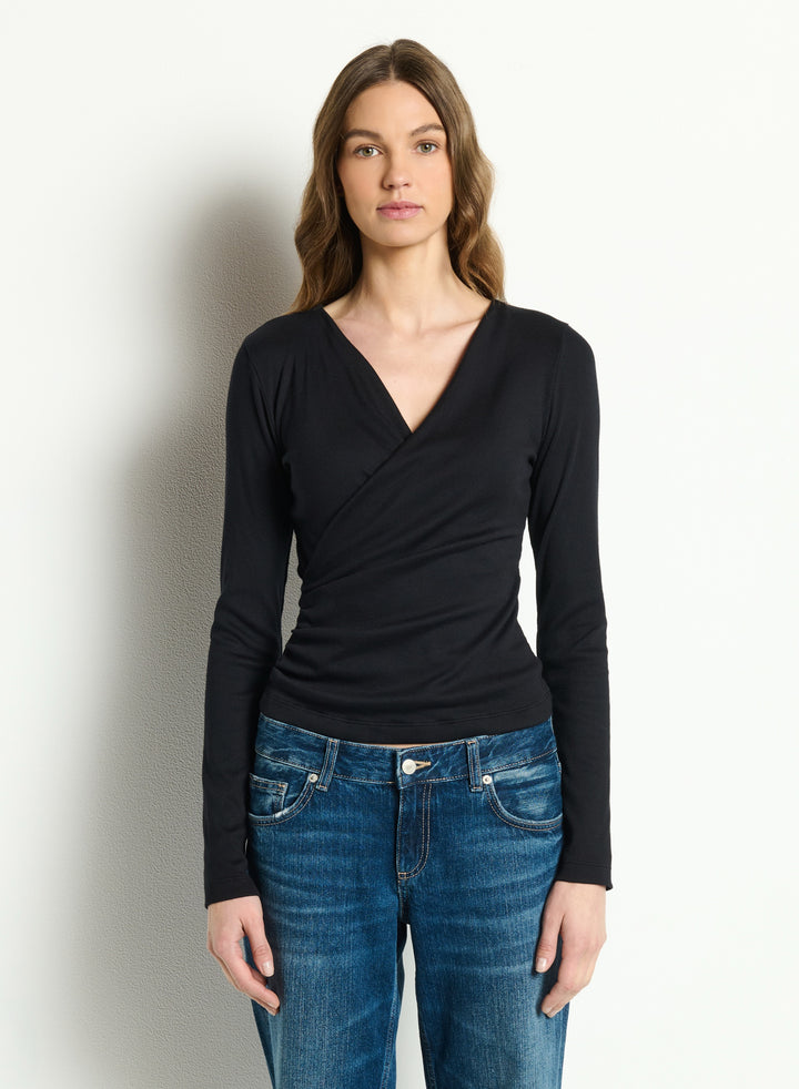 STACIE SHIRRED SURPLICE LONG SLEEVE TOP