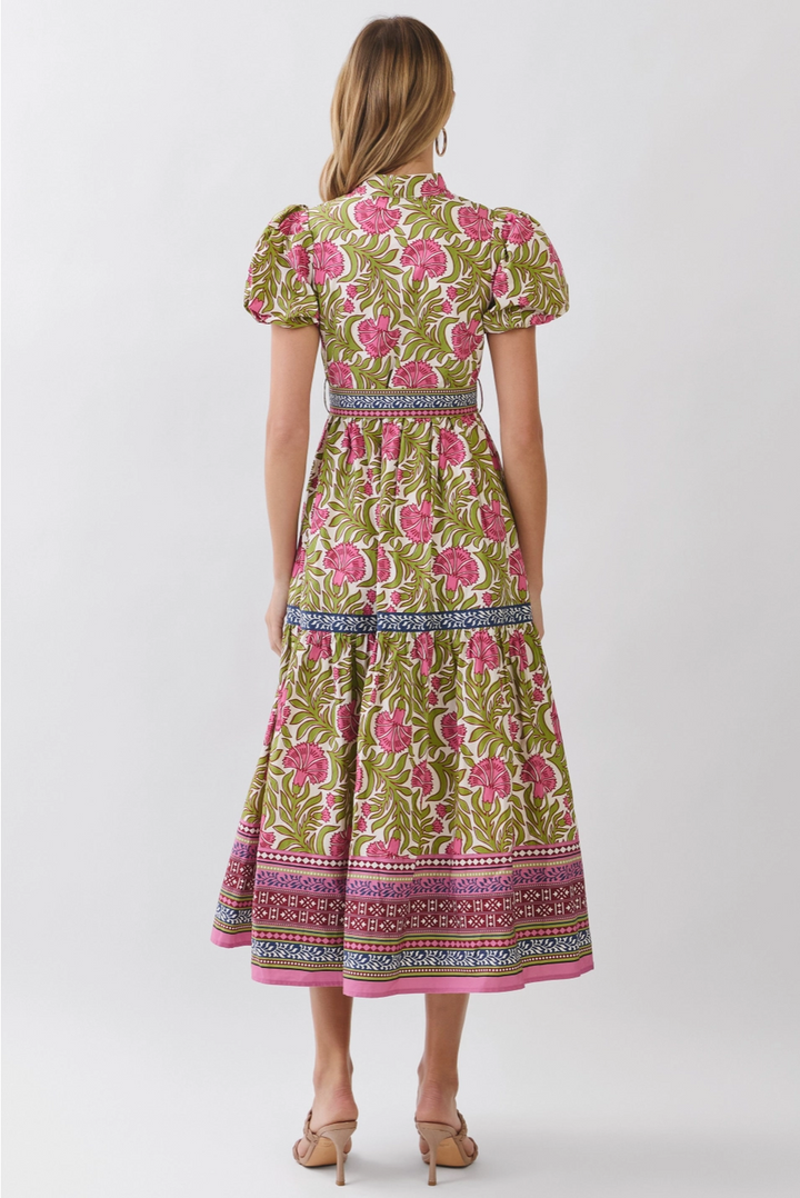 FLORAL BORDER PRINT TIE WAIST MAXI DRESS