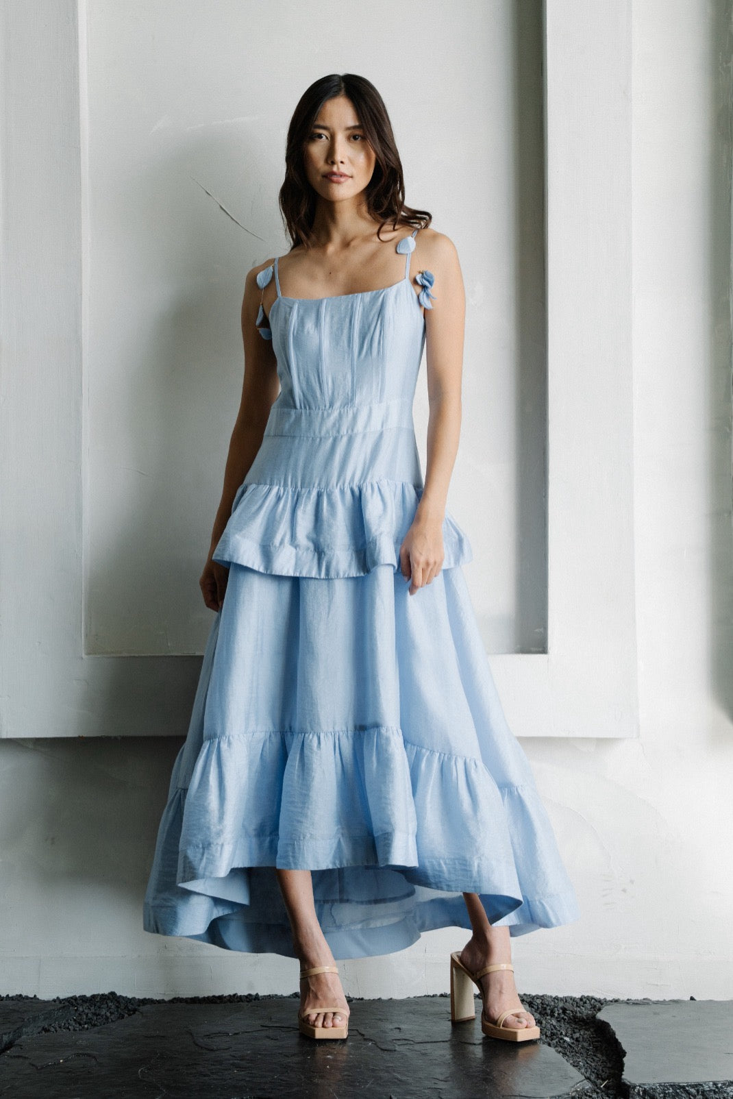 CLAUDETTA FLOWER TRIM RUFFLED MAXI DRESS