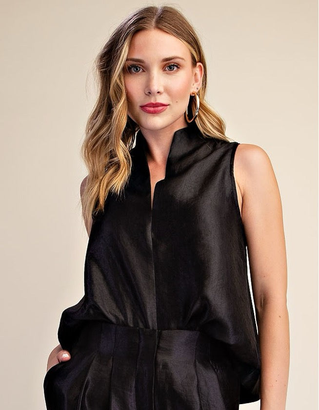 STAND COLLAR SLIT V NECK TOP
