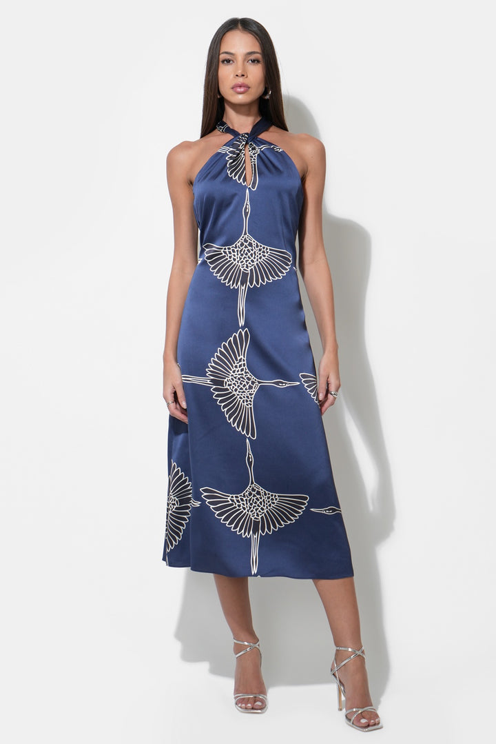 CECELIA HALTER RIBBON TIE SATIN MIDI DRESS