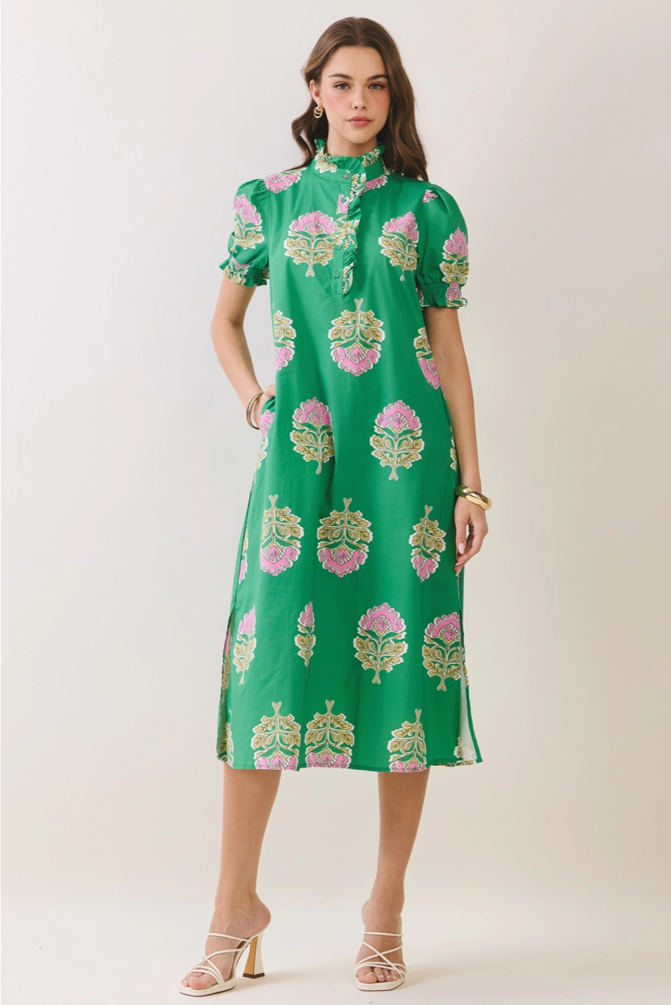 FLORAL PRINT RUFFLE COLLAR MIDI DRESS