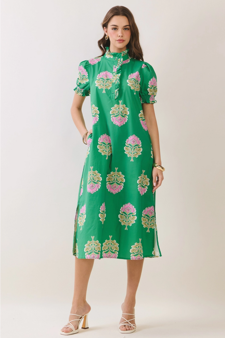 FLORAL PRINT RUFFLE COLLAR MIDI DRESS