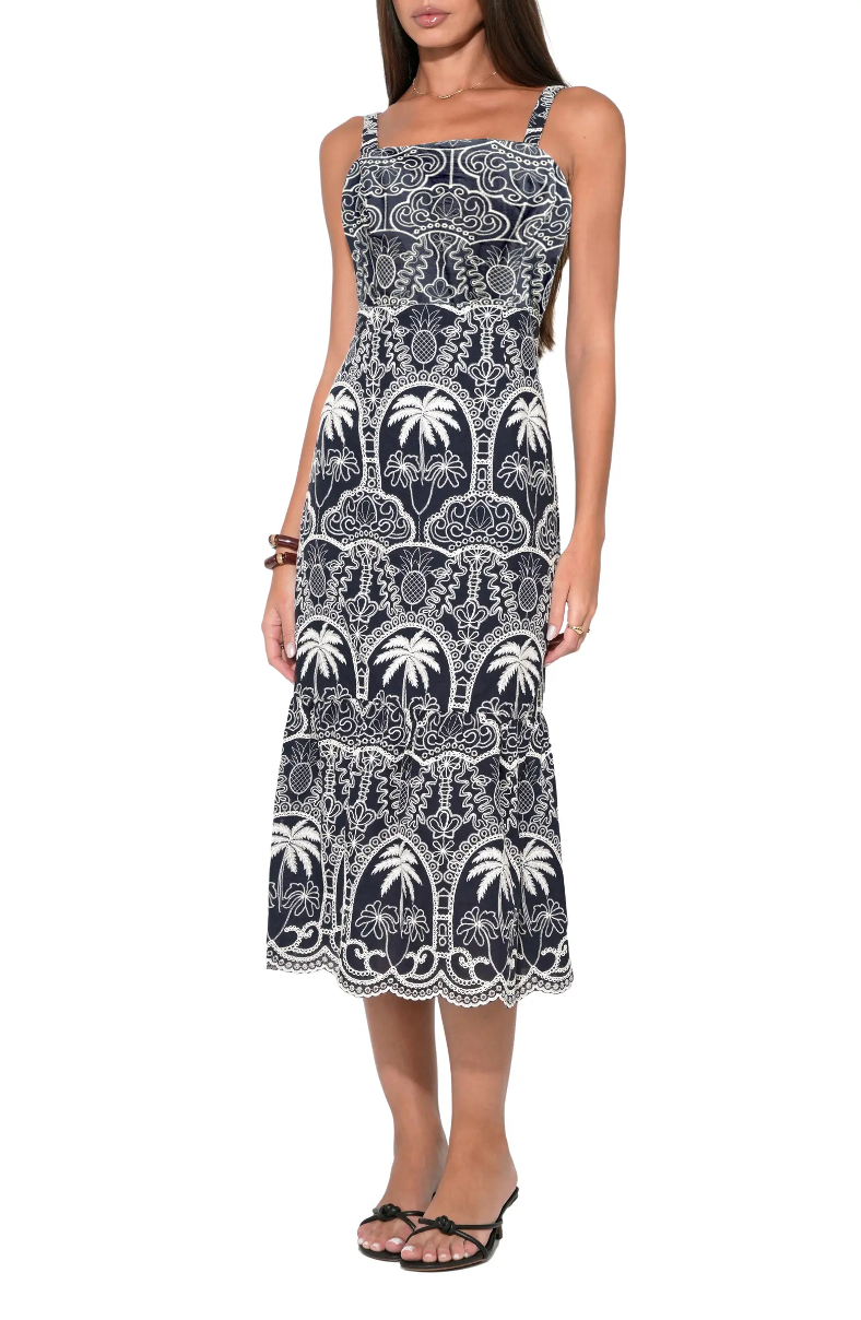 EVANGELINE SCALLOP COTTON EMBROIDERY MIDI DRESS