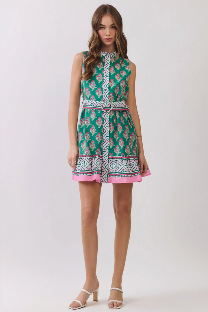 FLORAL BORDER PRINT BELTED MINI DRESS