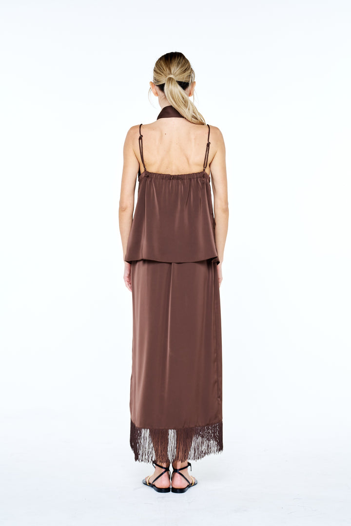 Sana Fringed Satin Wrap Midi Skirt