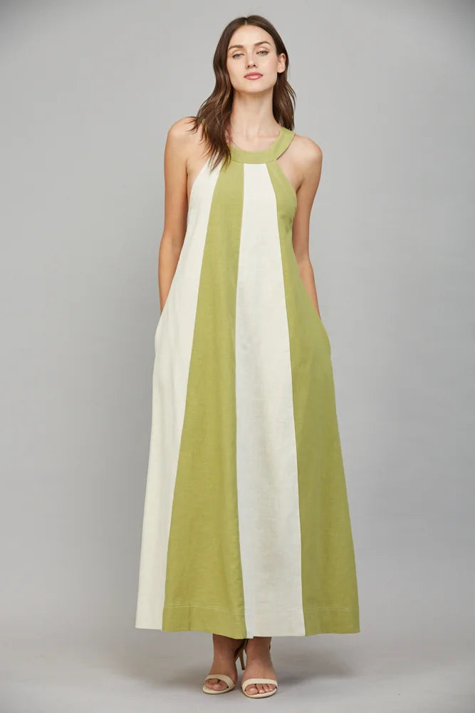 LINEN BLEND COLORBLOCK A-LINE HALTER DRESS